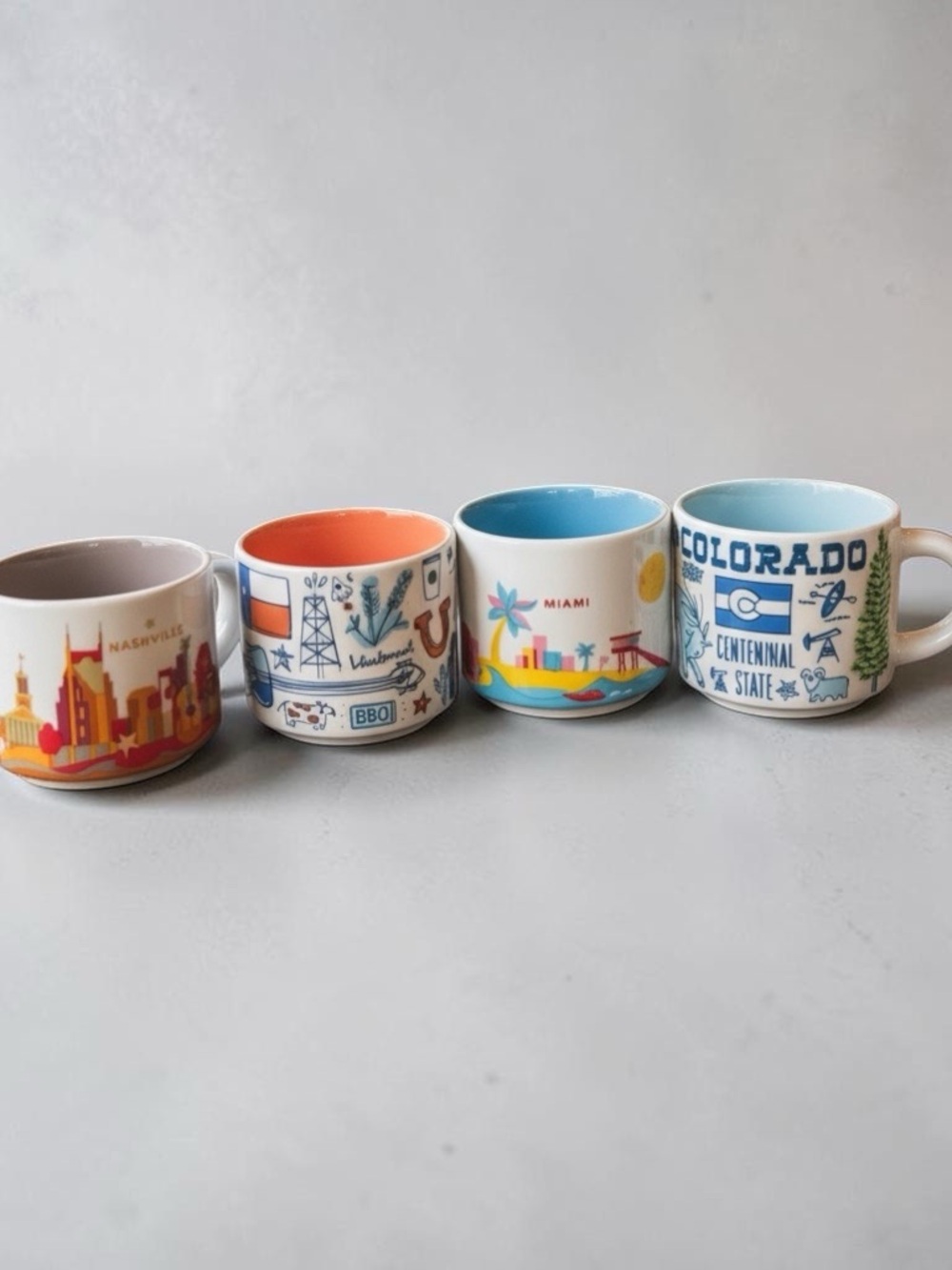 Starbucks “Been There” Espresso Mug (set of4) Texas, Nashville, Miami & Colorado